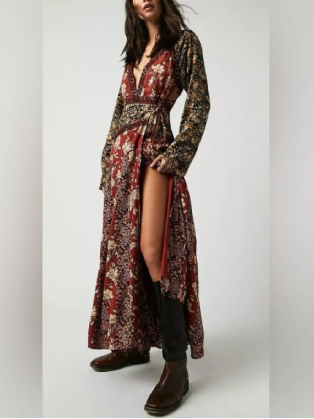 Free People Tilda Wrap Dress Mixed Floral Long Sleeve Maxi Boho Size Medium